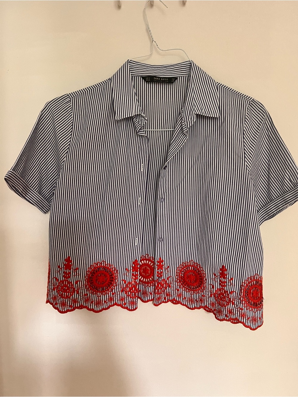 Zara Striped Button-Up Shirt in Navy and White